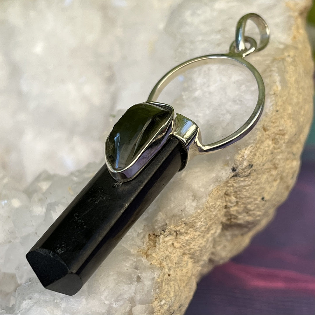Pendant Black Tourmaline Moldavite Point 6.0 cm