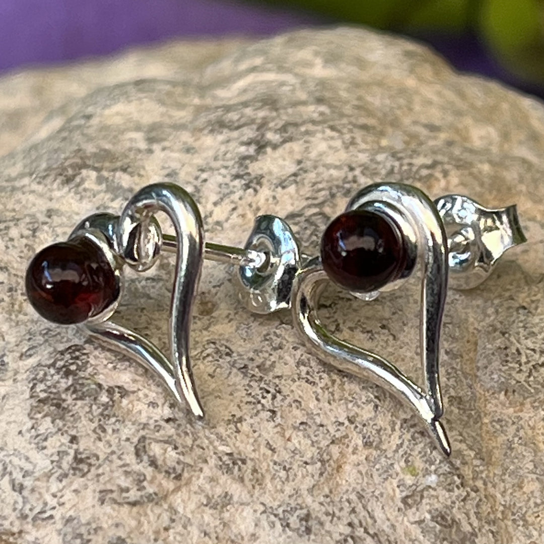 Earrings Amber Studs Heart 1.7 cm