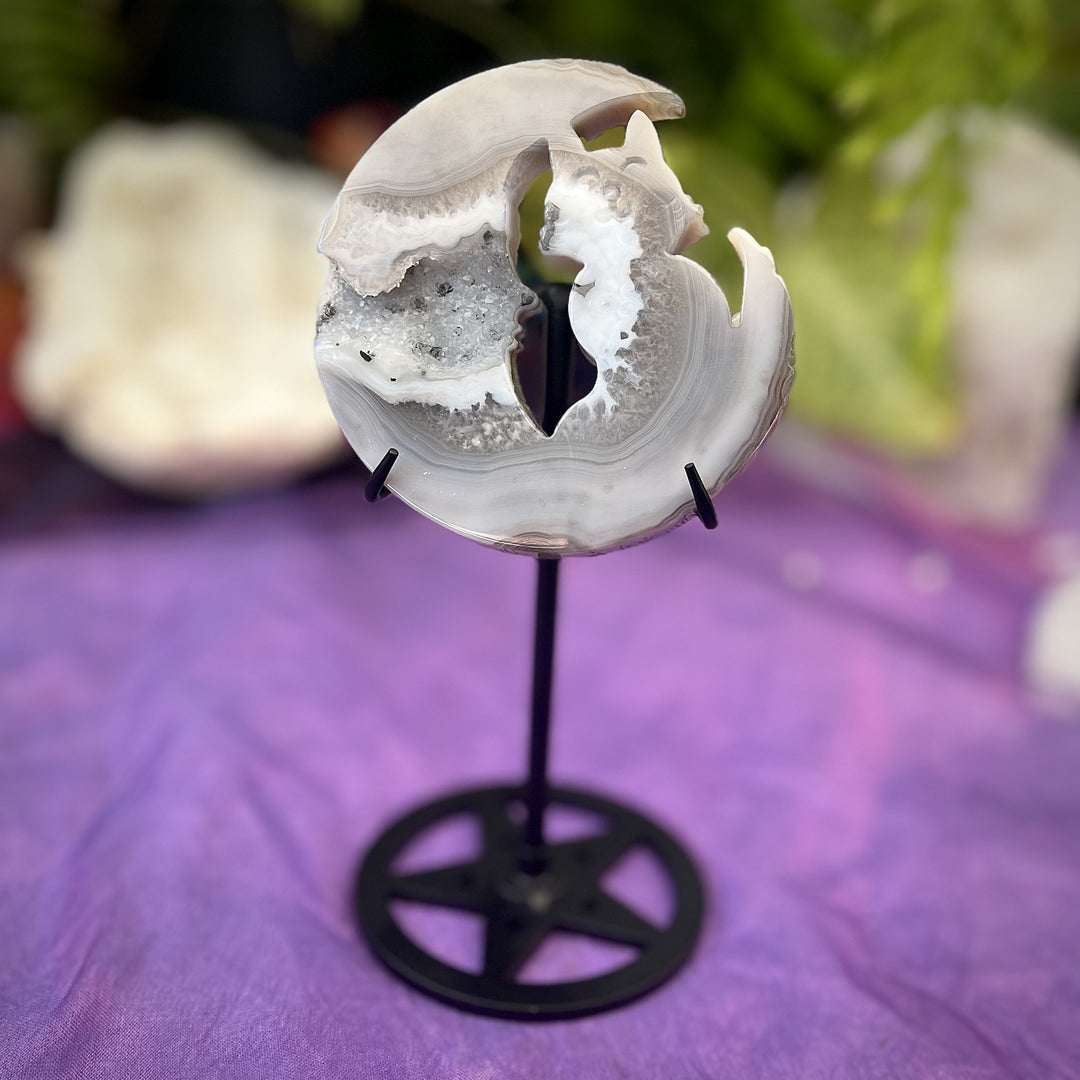 Cat Druzy Agate Carving on Stand