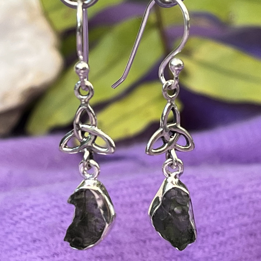 Earrings Moldavite Raw Triquetra