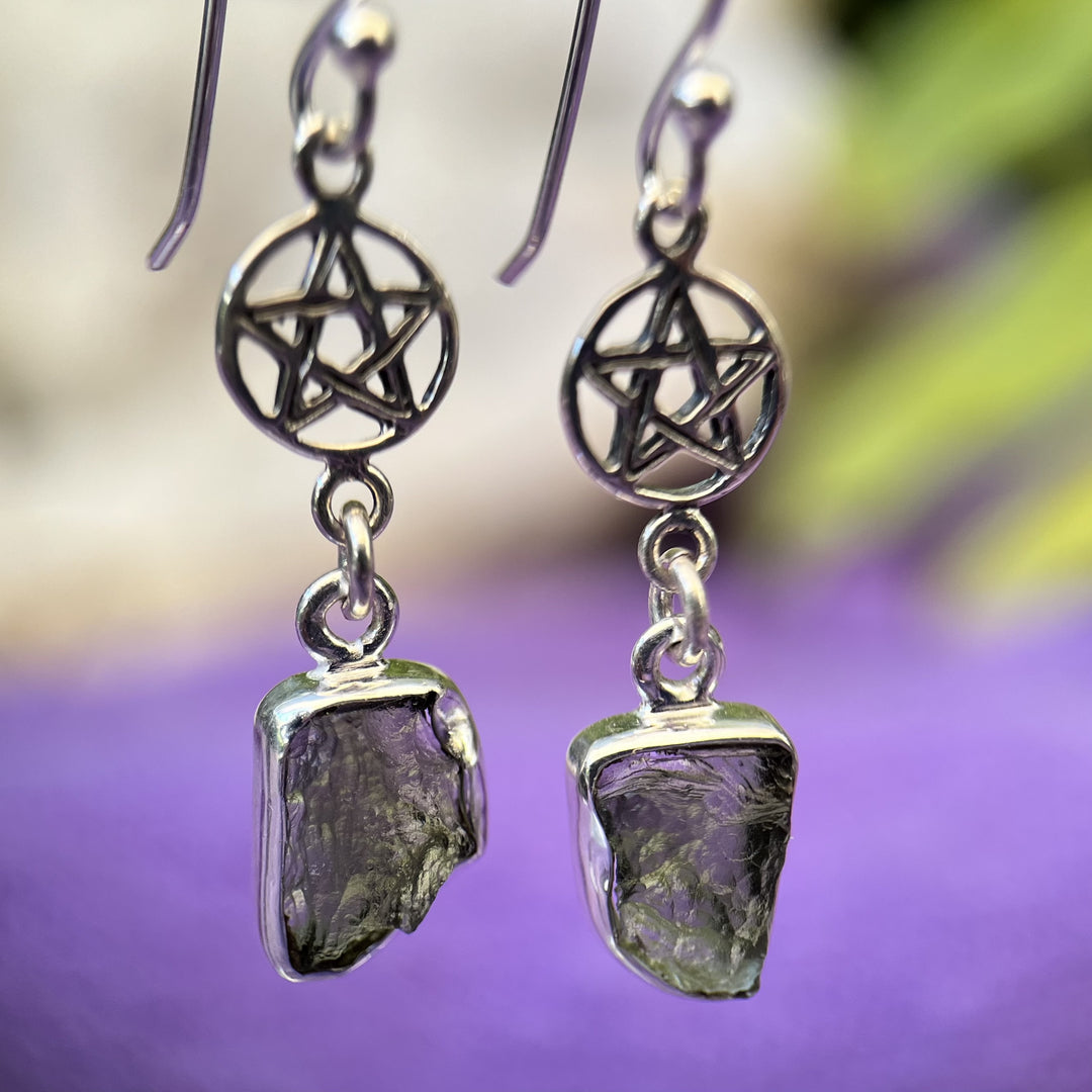 Earrings Moldavite Raw Pentagram