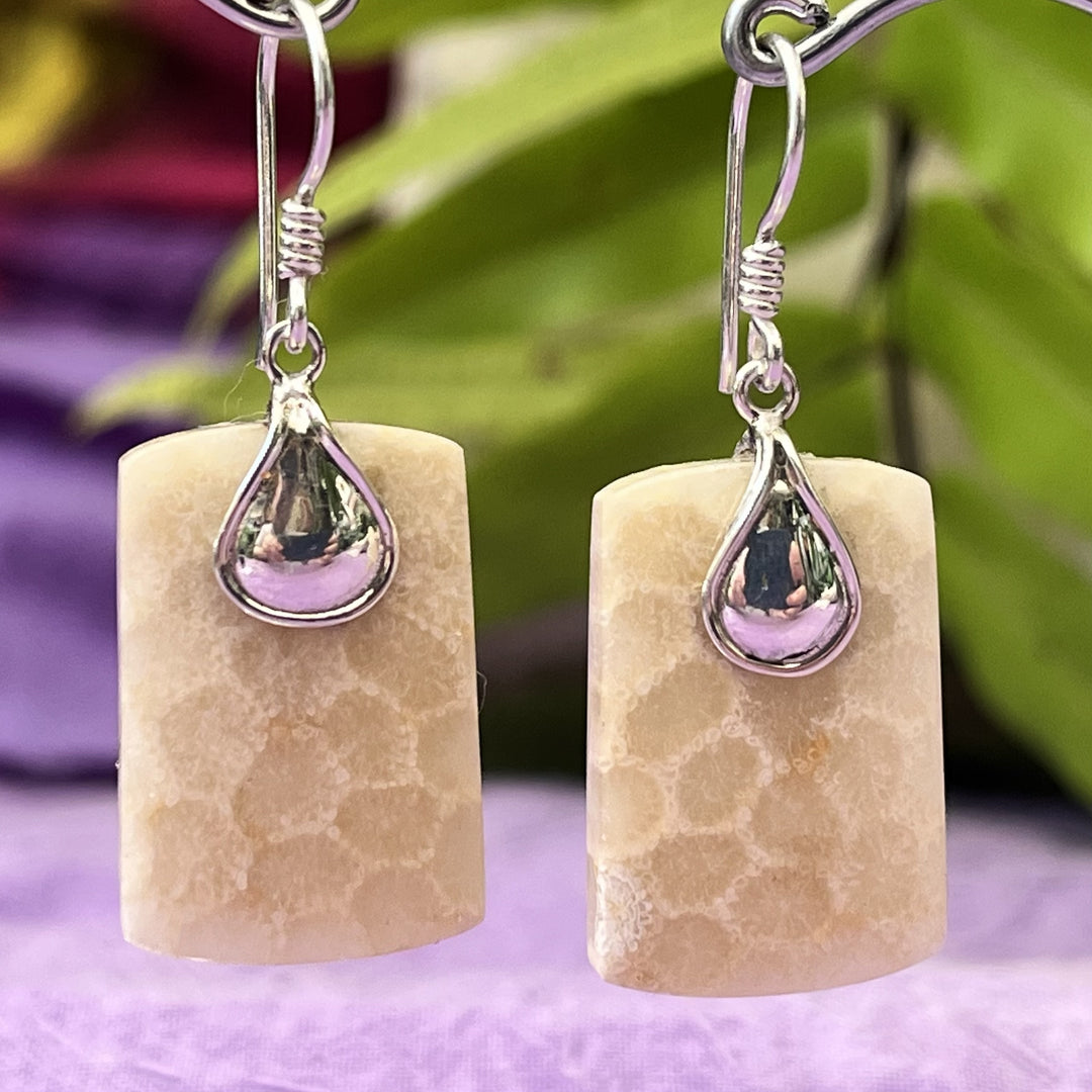 Earrings Fossil Coral Flowers Rectangle 4.3 cm
