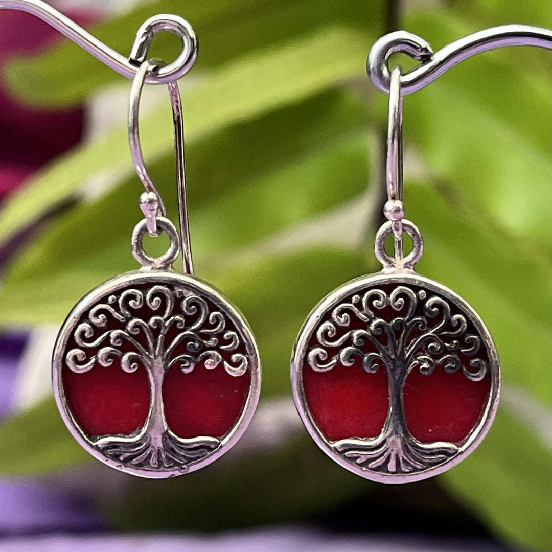 Earrings Red Coral Tree of Life Round
