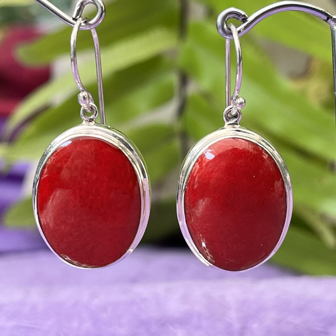 Earrings Red Coral Oval 3.8 cm