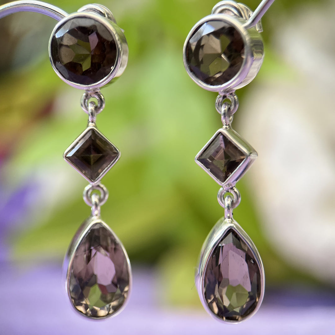 Stud Earrings Smoky Quartz Hanging Facet