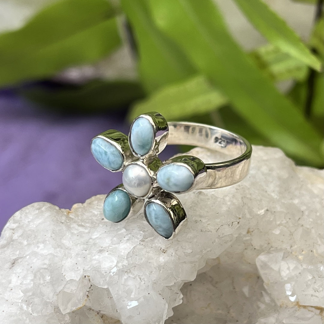 Ring Larimar Flower with Pearl