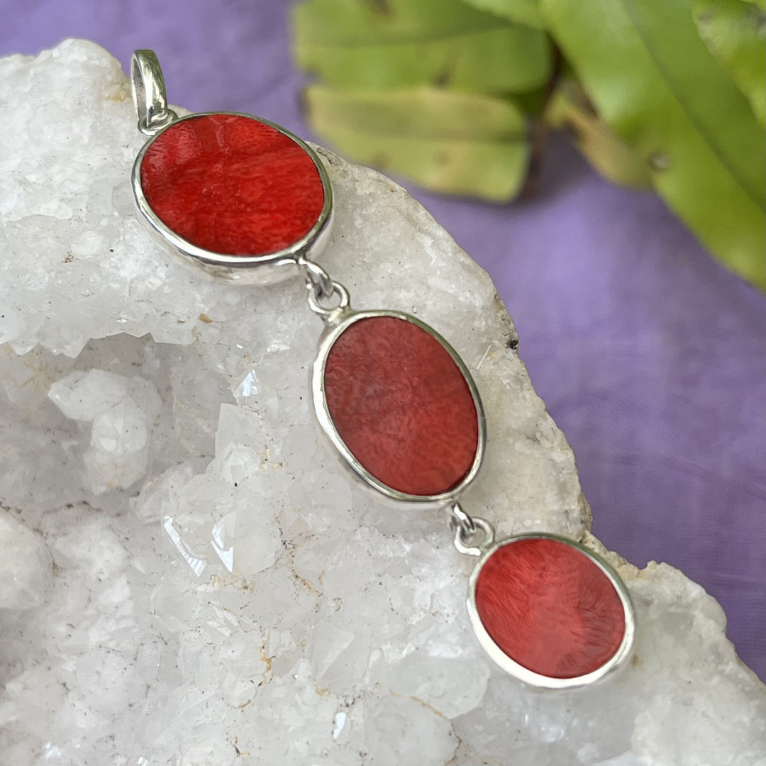 Pendant Red Coral Triple Drop Oval 6.5 cm