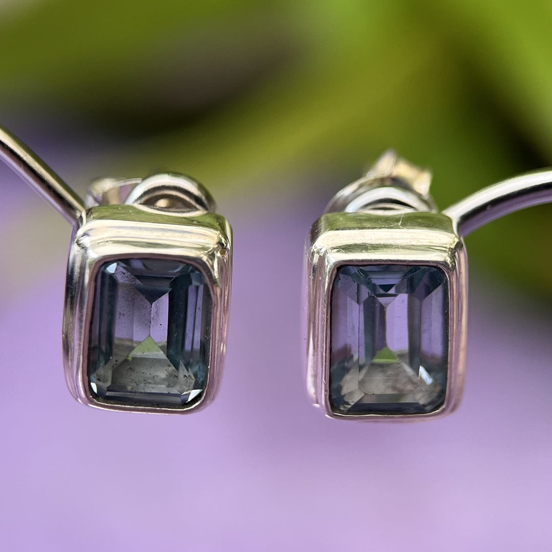 Stud Earrings Blue Topaz Rectangle Facet