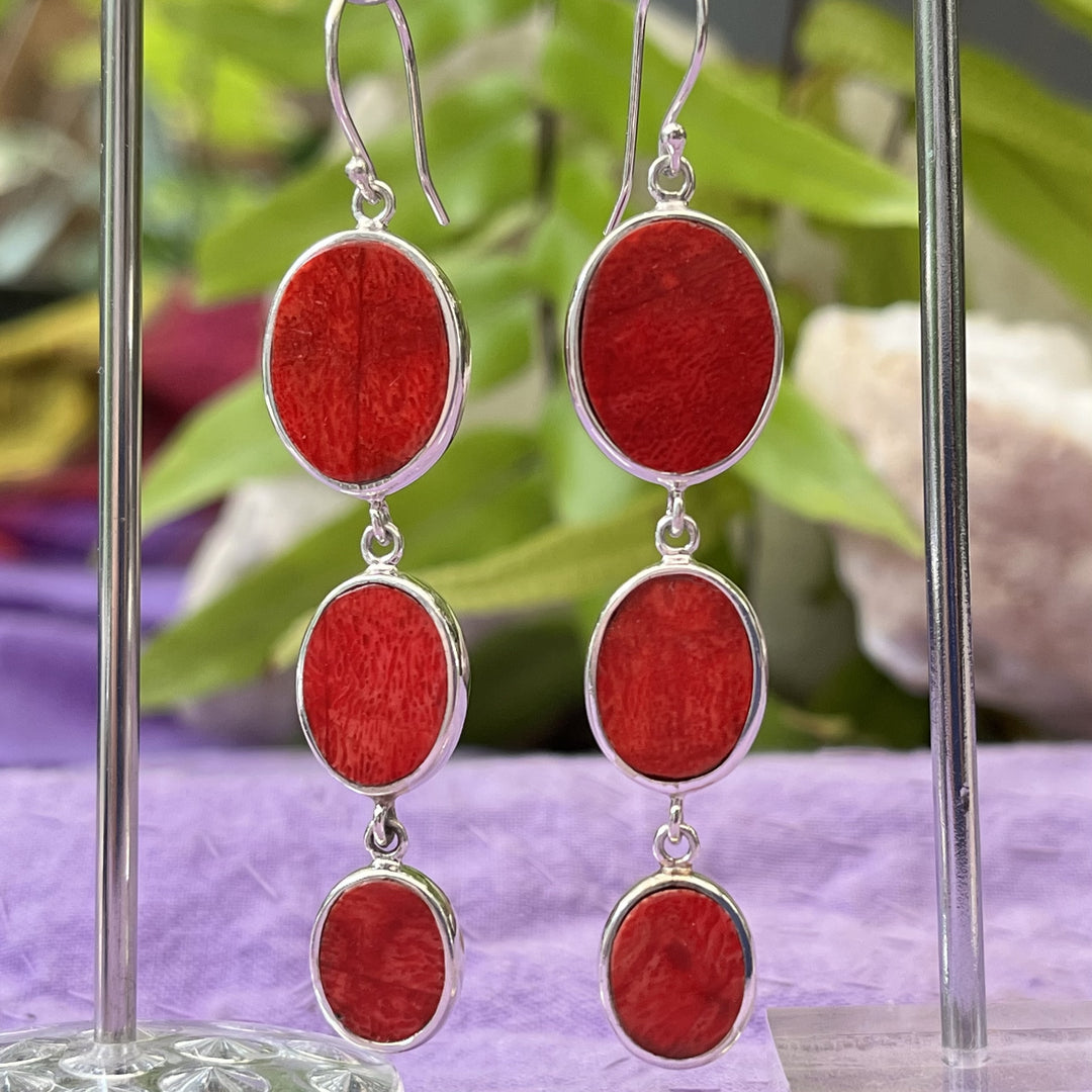 Earrings Red Coral Triple Drop Oval 7.1 cm