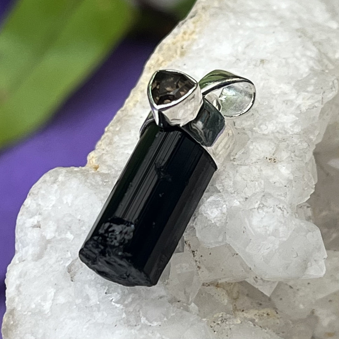Pendant Black Tourmaline Point with Smoky Quartz