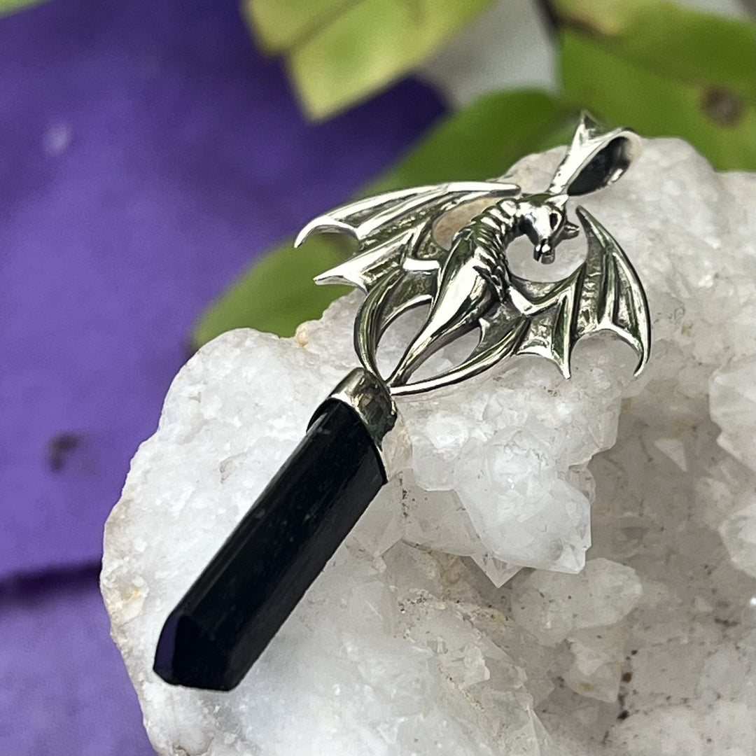 Pendant Black Tourmaline Point Polished with Dragon