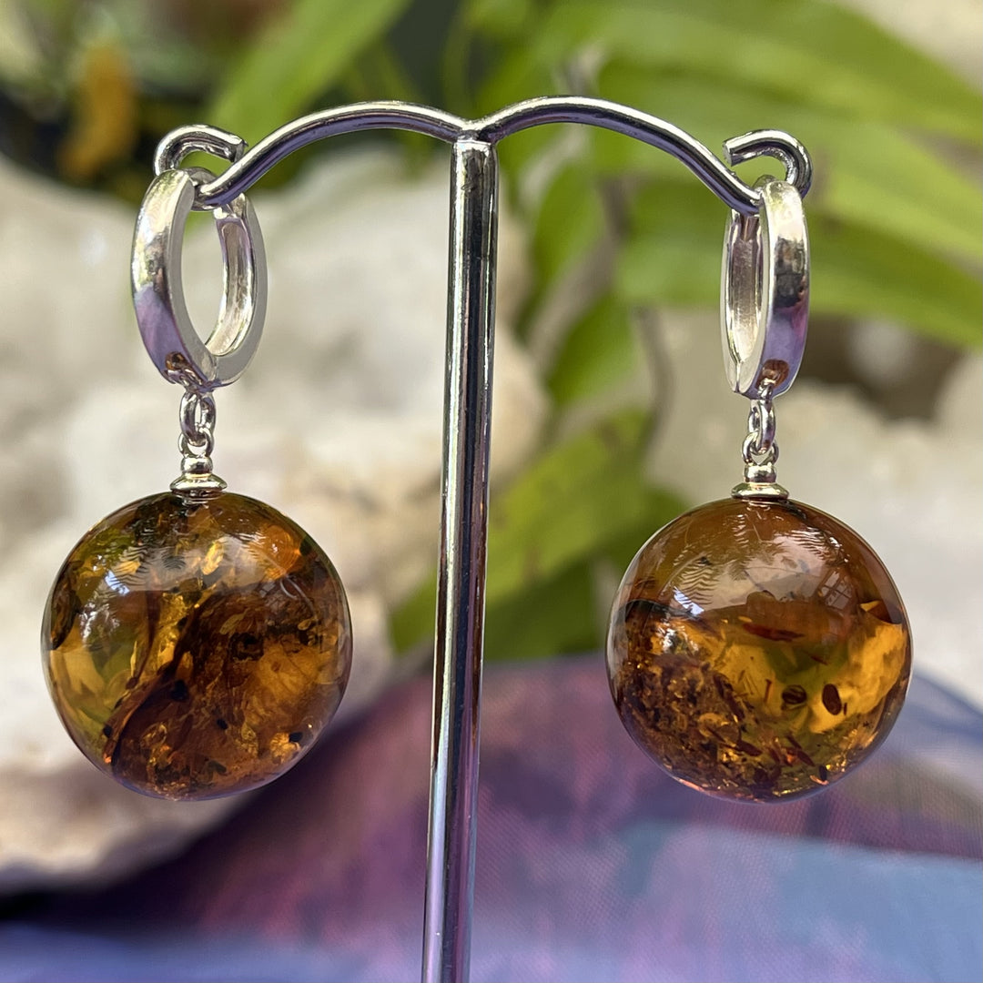 Earrings Amber Spheres European Clasp 3.5 cm