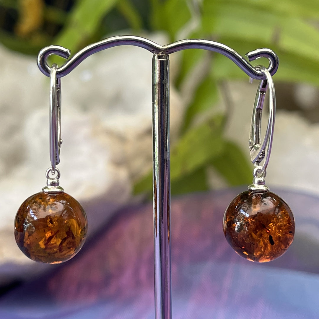 Earrings Amber Sphere European Clasp 3.2 cm