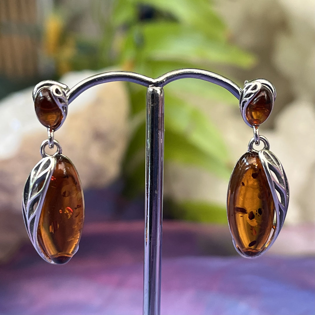 Earrings Amber Oval Leaf Studs 2.9 cm