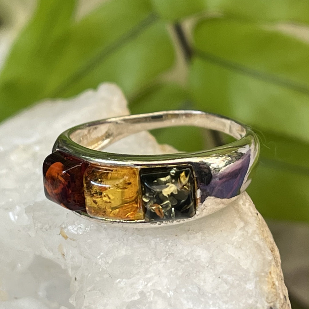 Ring Amber Triple Stone Square