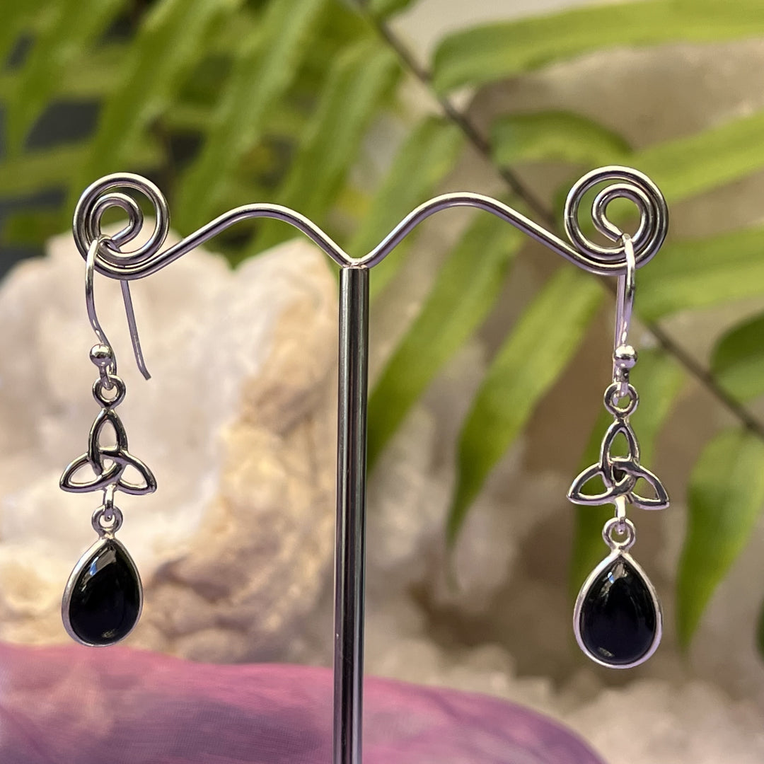 Earrings Black Obsidian Teardrop Triquetra 3.4 cm