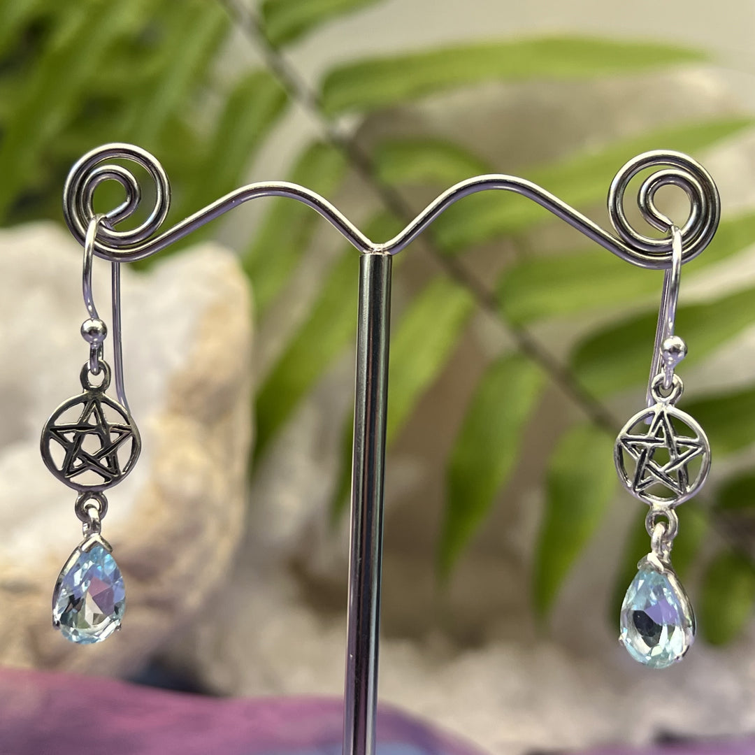 Earrings Blue Topaz Teardrop Faceted Pentagram