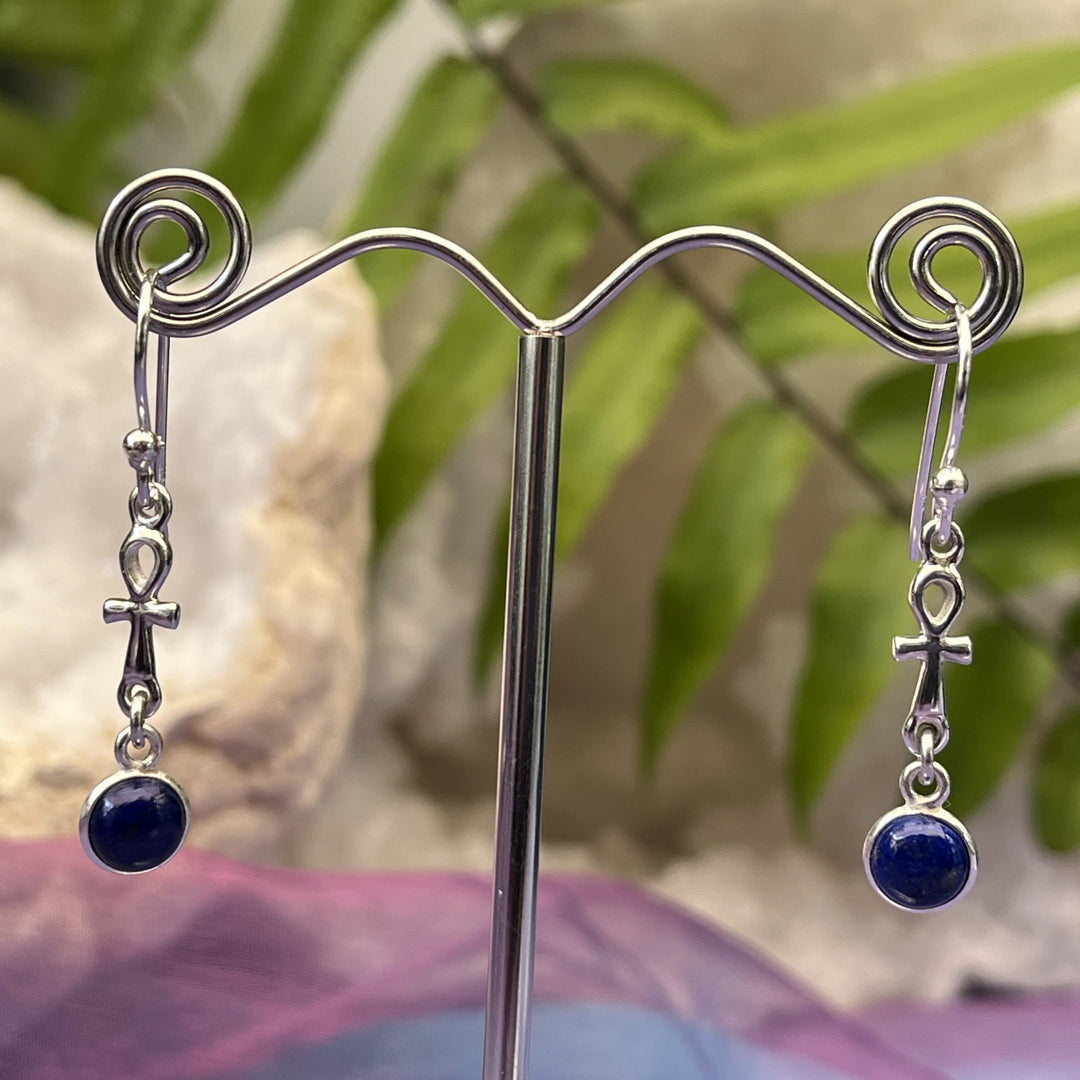 Earrings Lapis Round with Ankh 3.7 cm