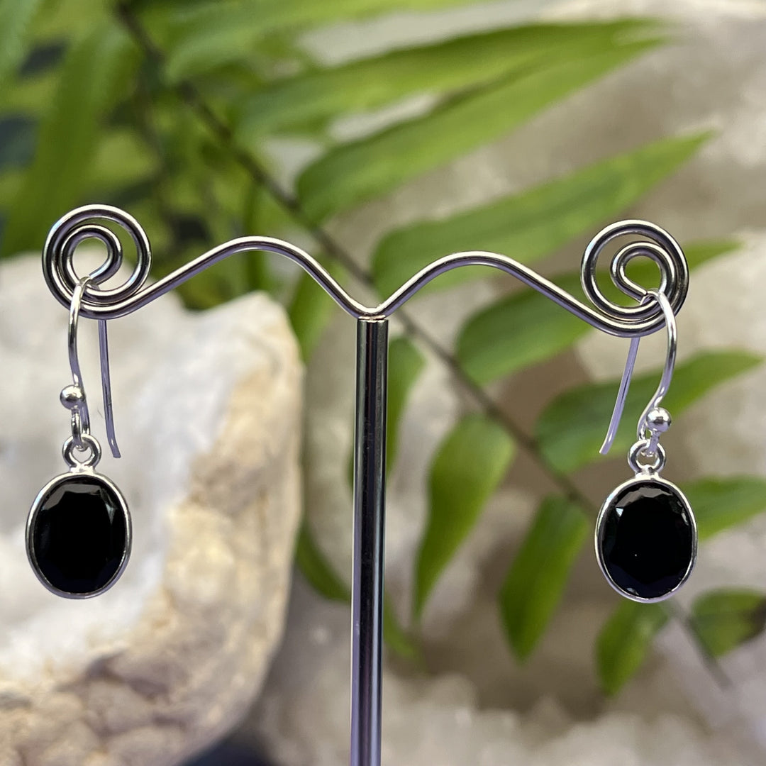 Earrings Black Obsidian Oval Facet 2.5 cm