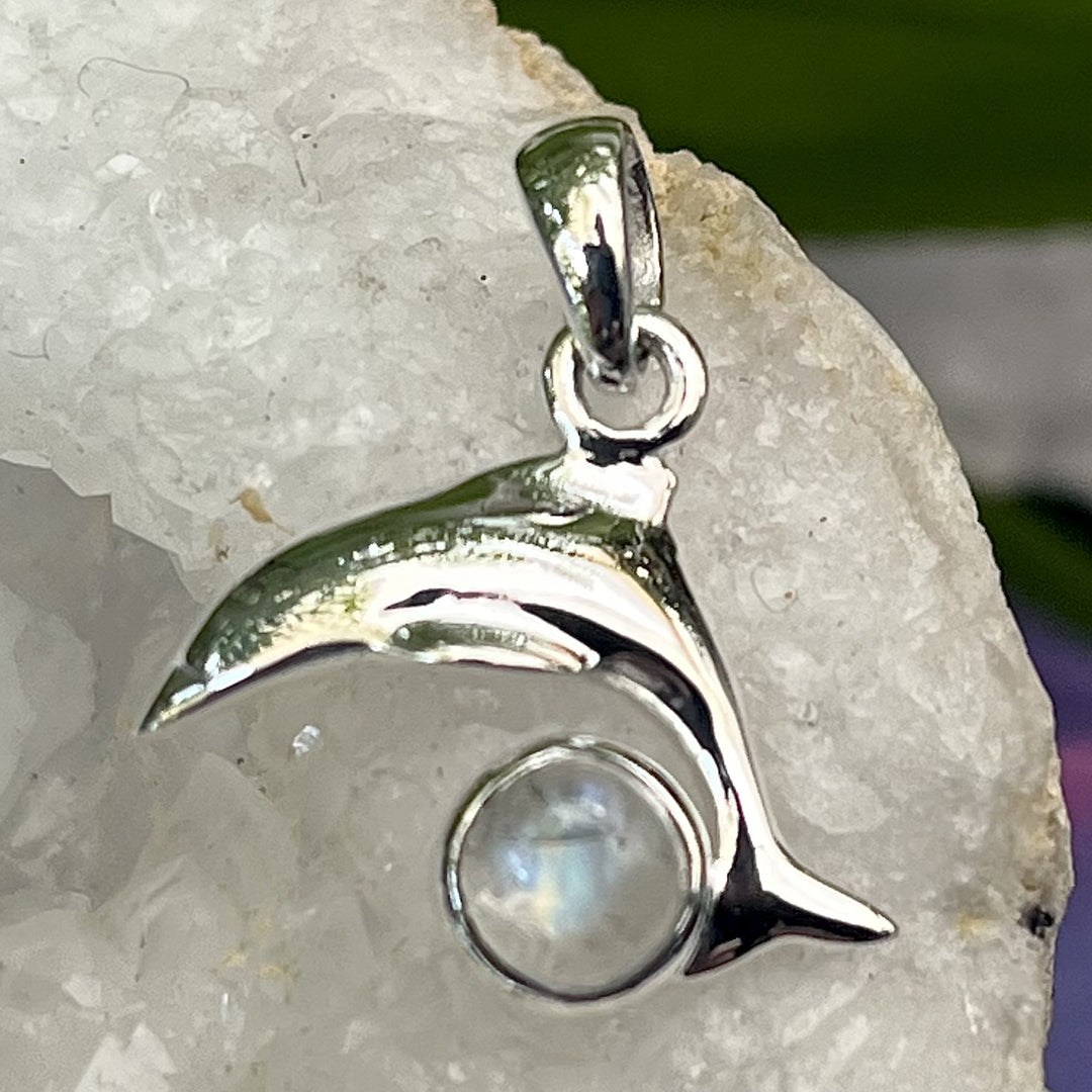 Pendant Rainbow Moonstone Dolphin Round 2.2 cm