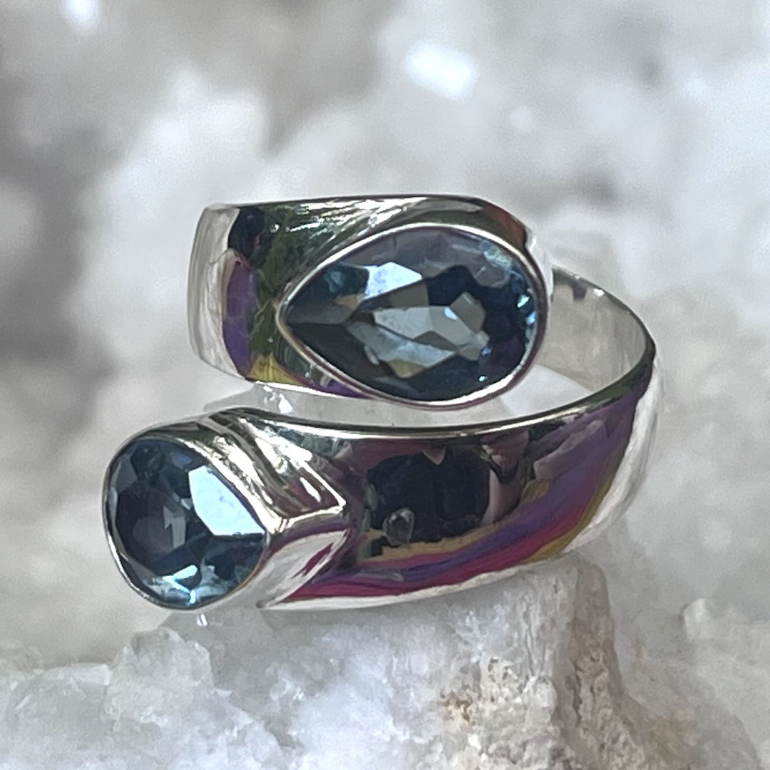 Ring Blue Topaz Teardrop 2 Stone Adjustable S/S