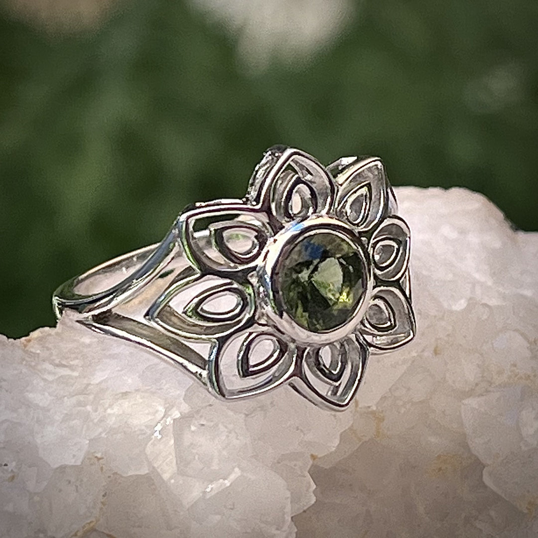 Ring Moldavite Lotus Rhodium Plated
