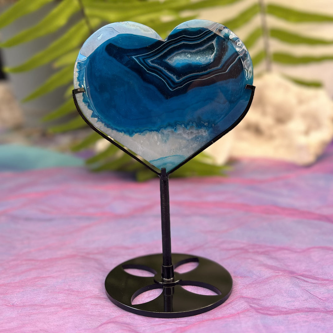 Heart on Stand Druzy Blue Agate Carved