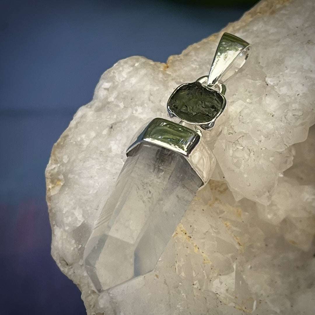 Pendant Clear Quartz Point with Moldavite 4.0 cm