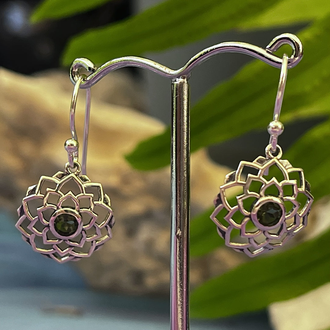 Earrings Moldvite Lotus Faceted 3.0 cm