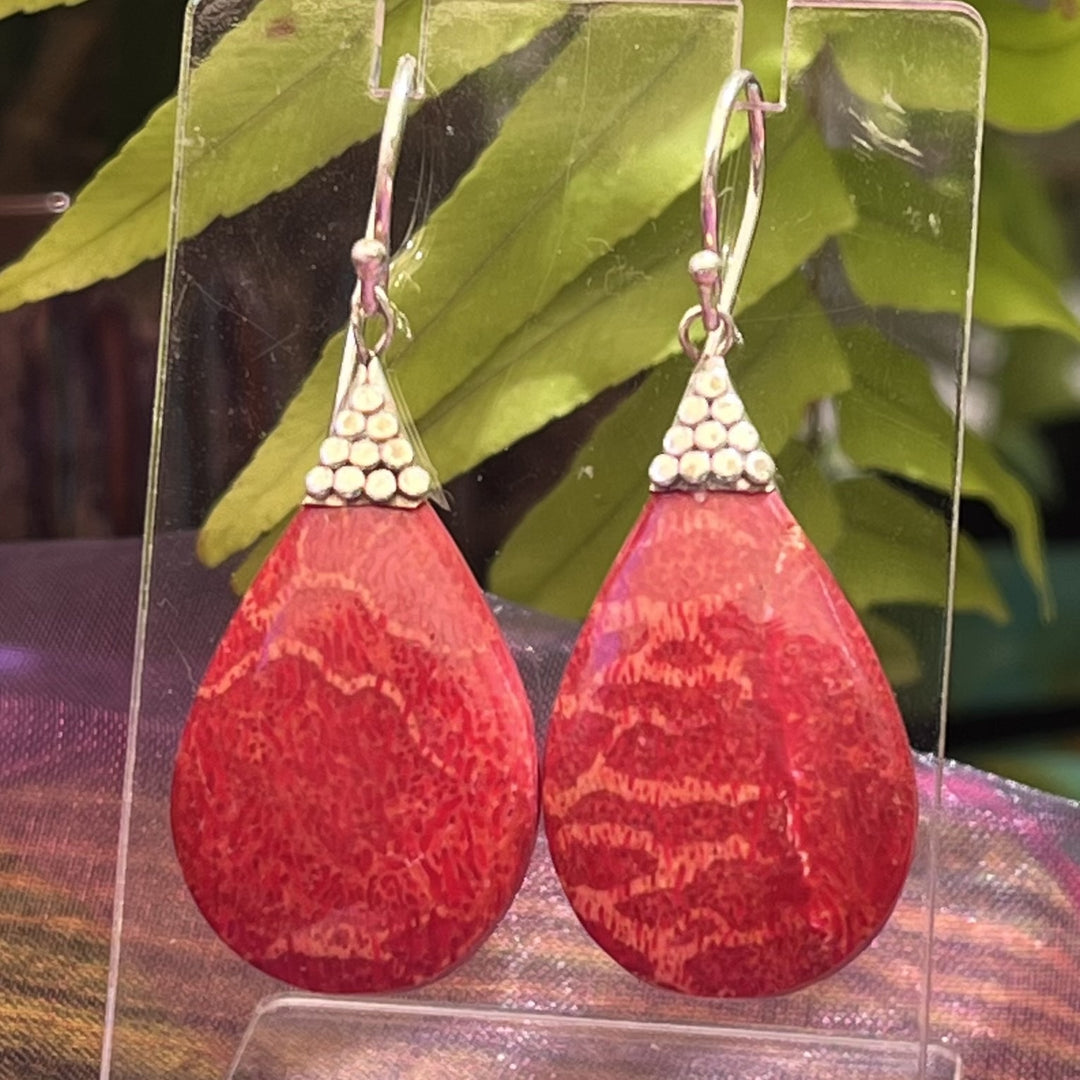 Earrings Red Coral Dots Teardrop S/S