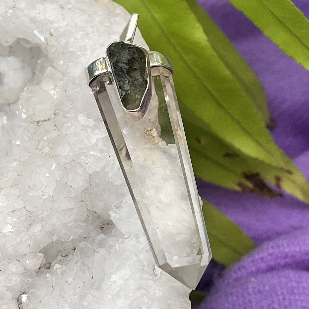 Pendant Clear Quartz and Moldavite 6.7 cm