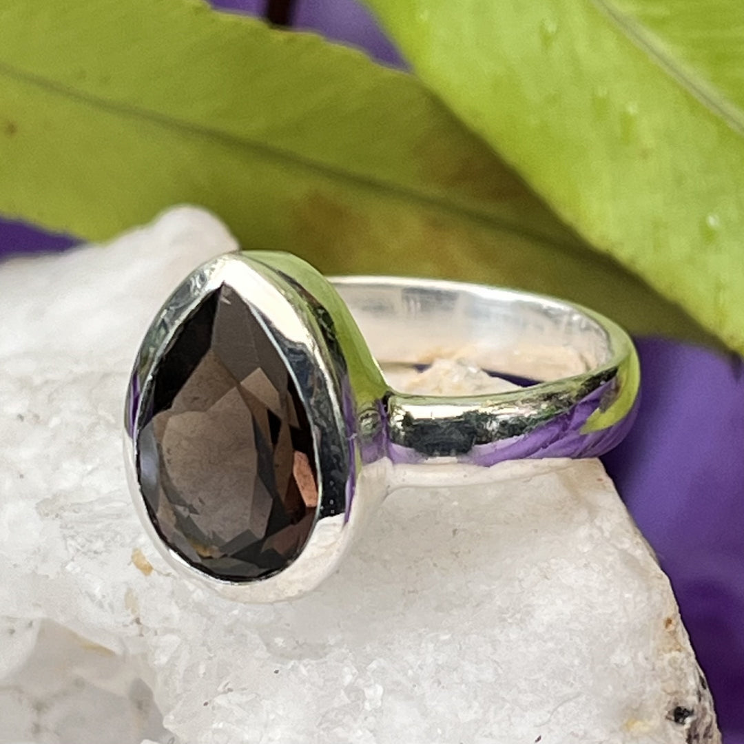 Ring Smoky Quartz Teardrop Facet 0.9 cm