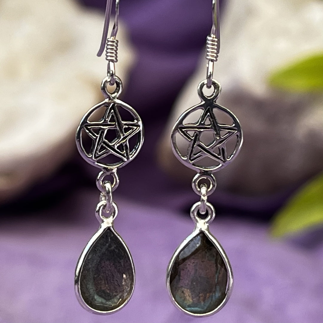 Earrings Labradorite Teardrop Facet Pentagram 0.4 cm