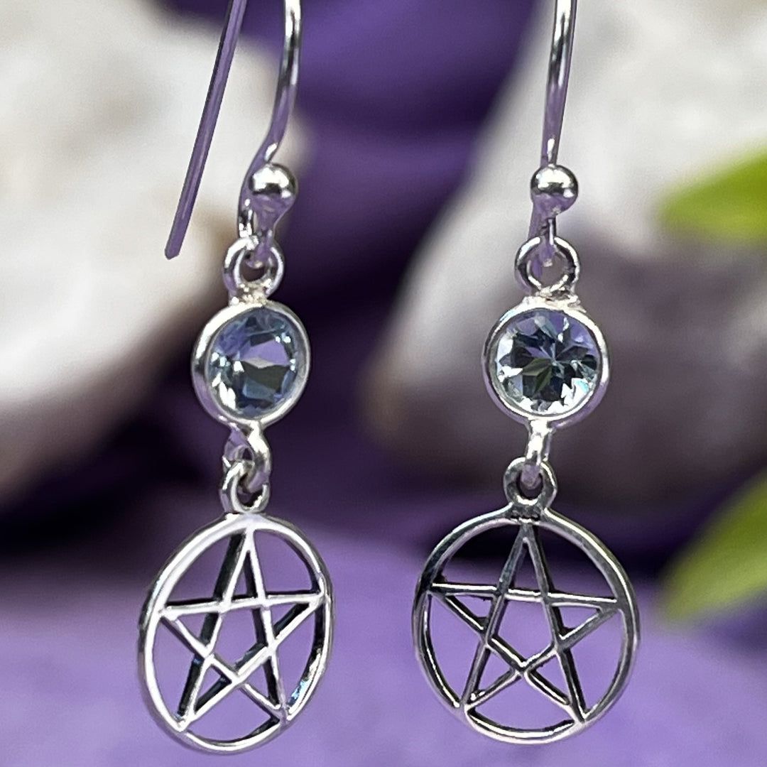 Earrings Blue Topaz Pentagram 3.2 cm