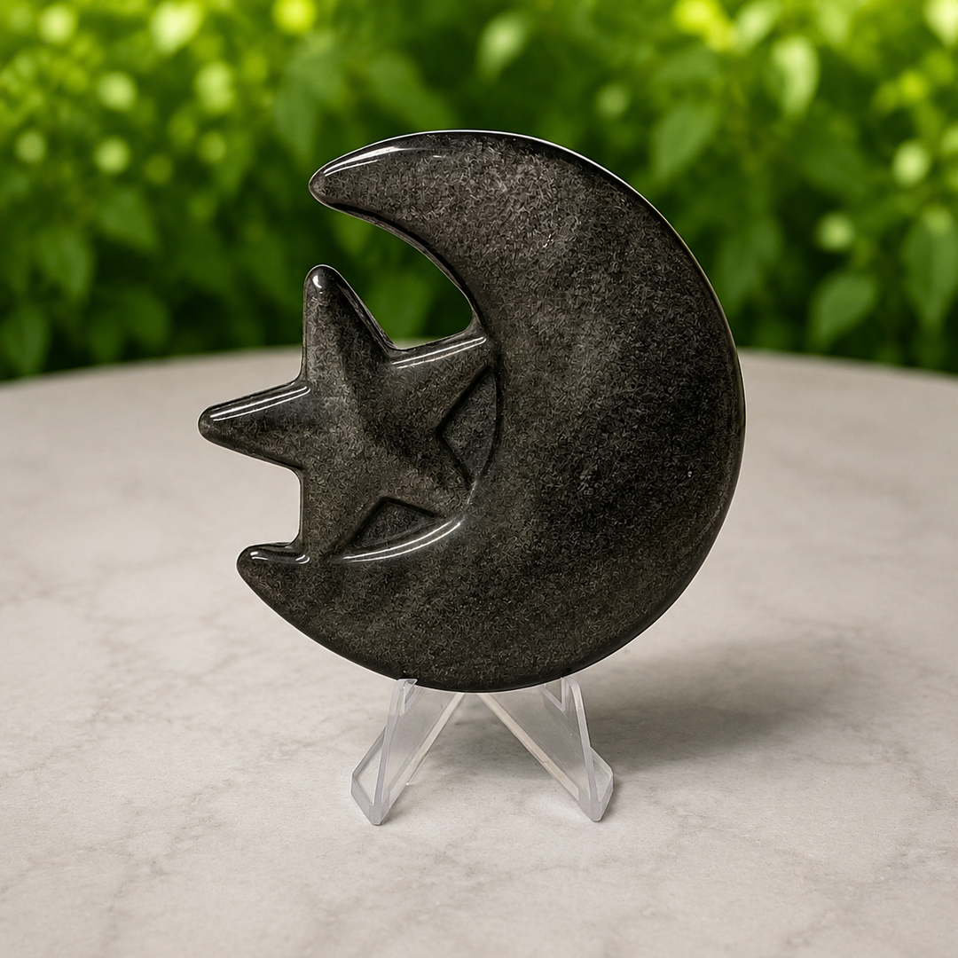 Moon & Star Silver Obsidian Crystal Carving on Stand