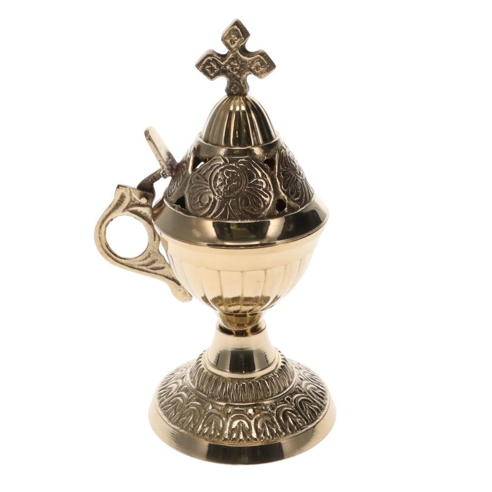 Incense Burner Brass Engraved with Cross and Handle
