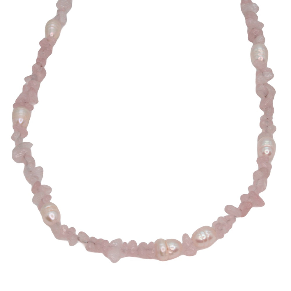 Necklace Rose Quartz Chip Pearl Choker