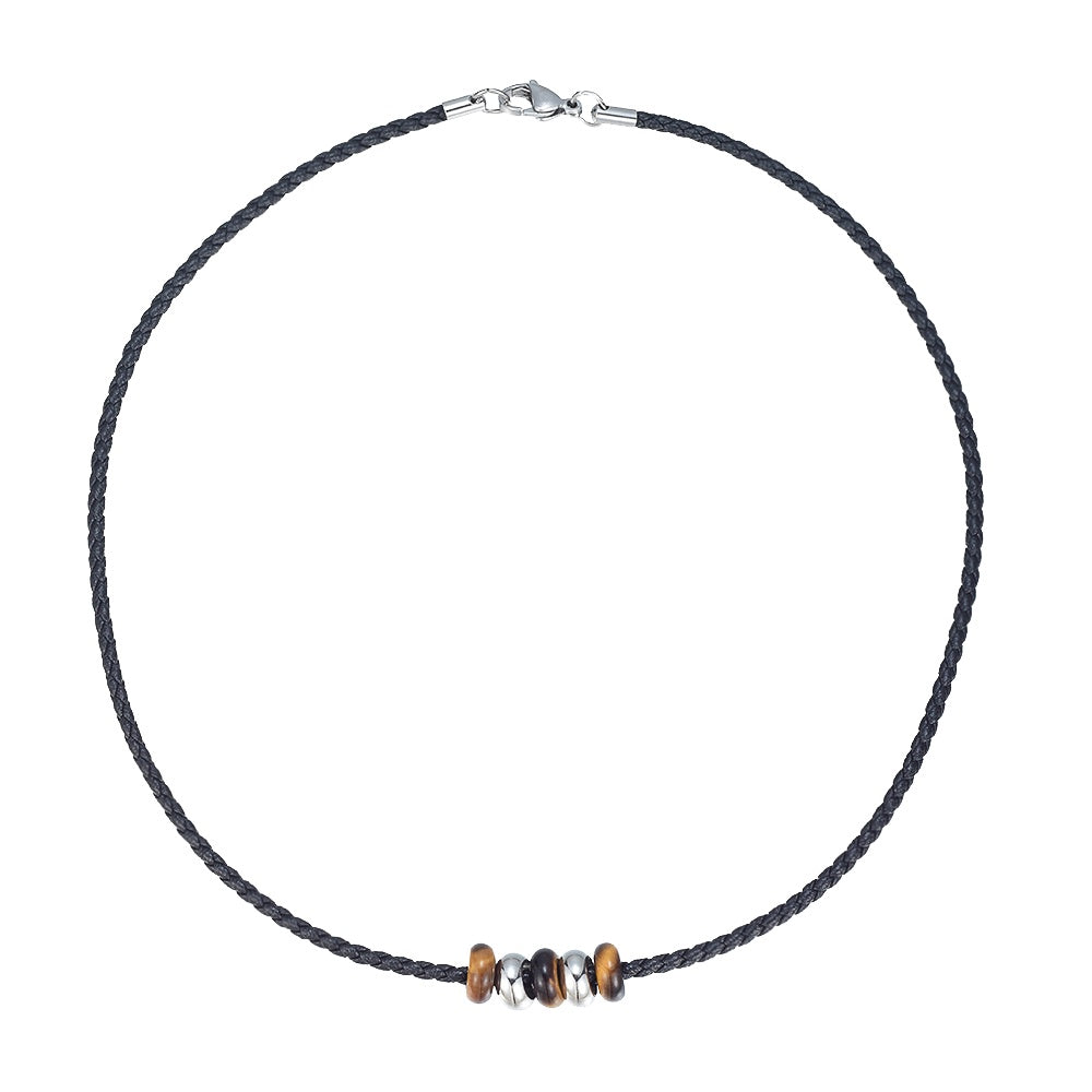 Necklace Tiger Eye and Stainless Steel on Leather