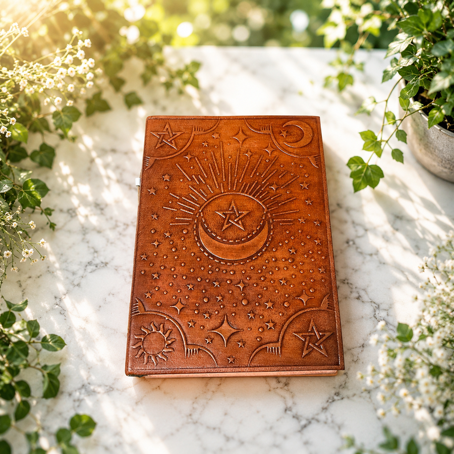 Journal Leather Moon Sun Star Brown Handmade Paper 15x20 cm | Carpe Diem With Remi