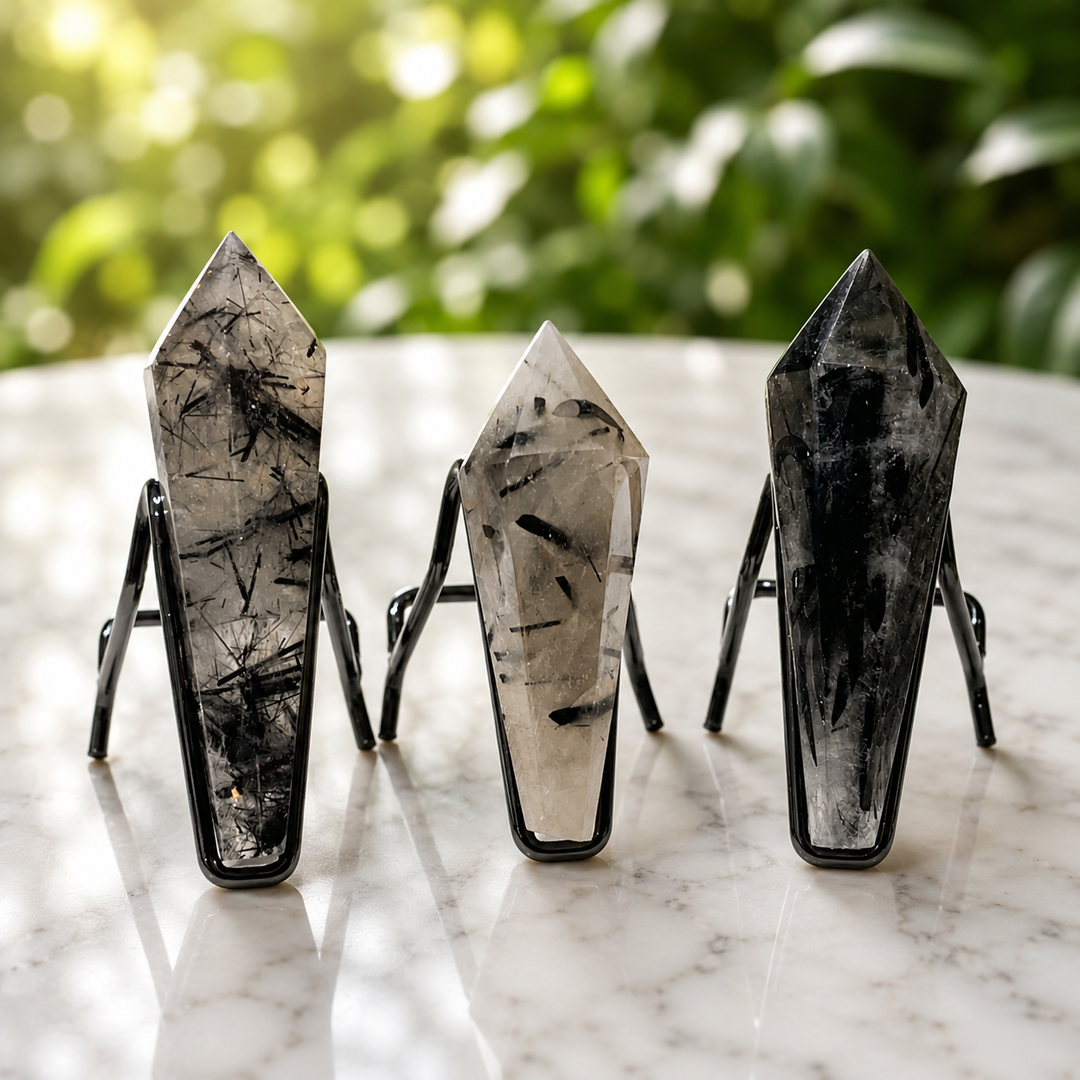 Wand Black Tourmaline in Quartz on Stand