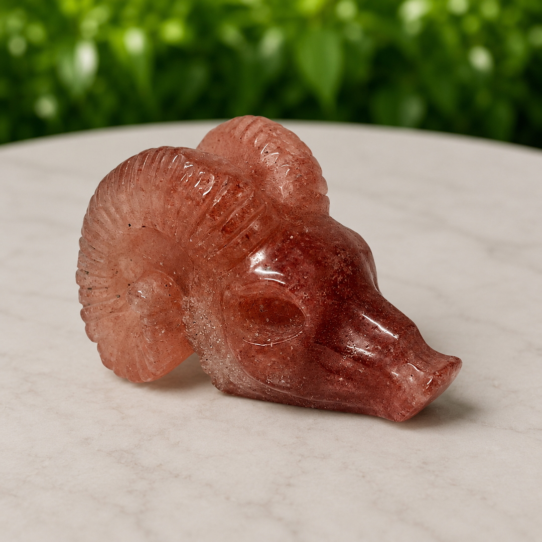 Ram’s Head Strawberry Quartz Crystal Carving