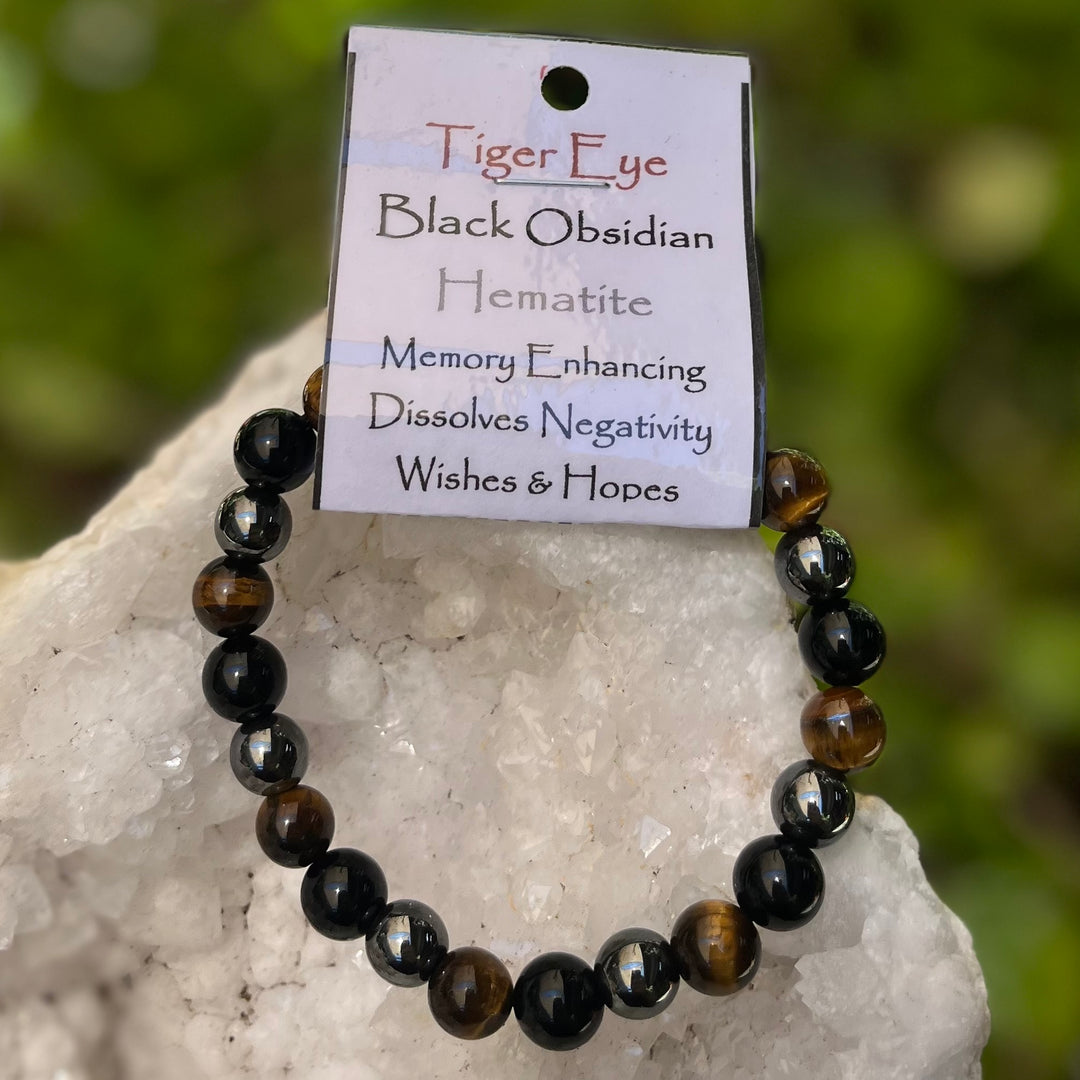 Bracelet Hematite Black Obsidian Tiger Eye 8mm Beads