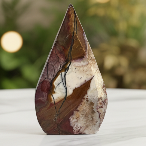 Agate teardrop with marble bokeh background