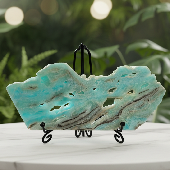 Amazonite slab with marble bokeh background