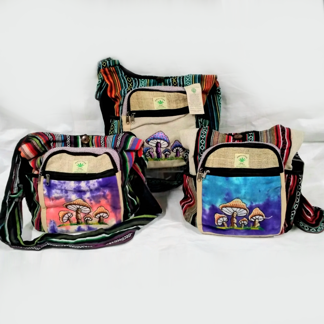 Shoulder Bag Mushroom Embroidered Hemp