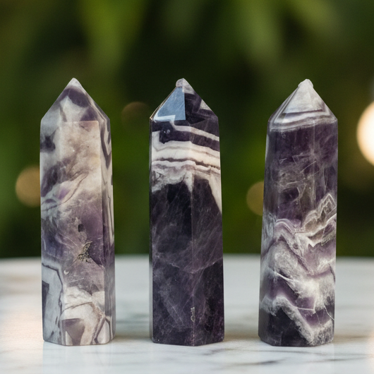 Chevron amethyst points with marble bokeh background
