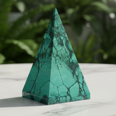 Chrysocolla pyramid with subtle bokeh background