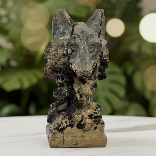Fluorite wolf with marble bokeh background