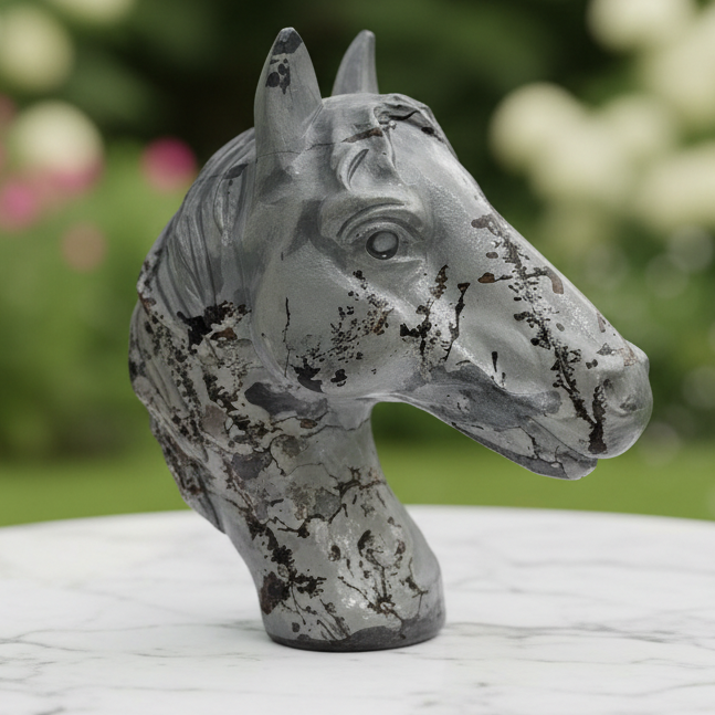 Horse head carving with marble bokeh background