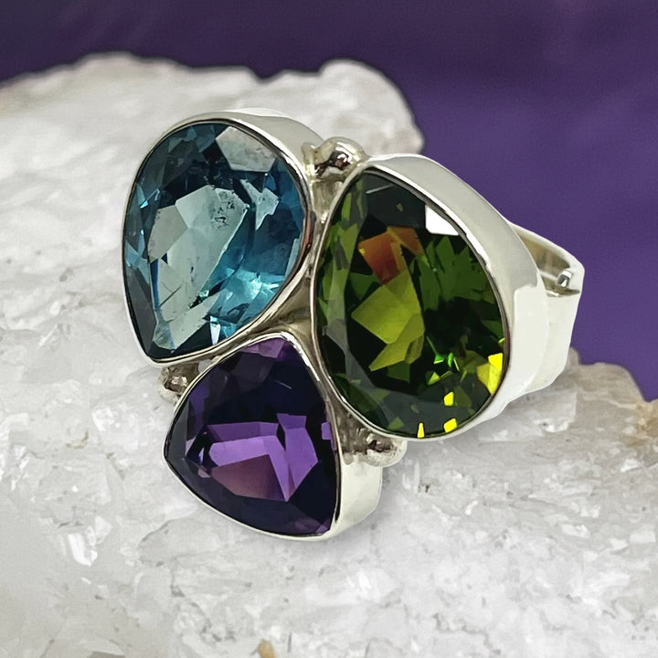 Ring Amethyst Peridot Blue Topaz Adjustable